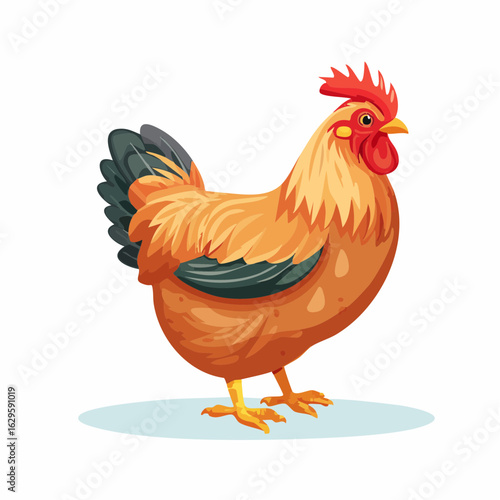A red-combed rooster and hen with a chick are isolated on a white background