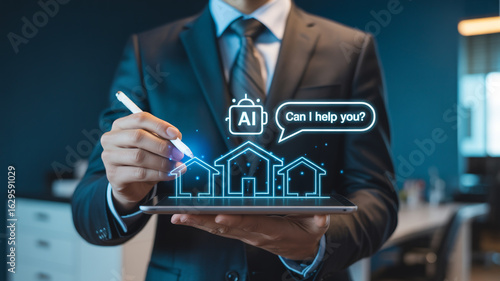 Man in suit uses tablet displaying blue A I chatbot and glowing house holograms artificial intelligence
