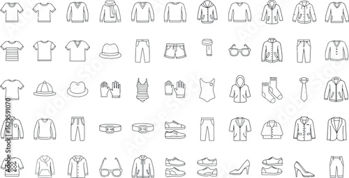 Vector art of diverse collection of clothing and fashion item icons, featuring apparel like shirts, jackets, pants, shoes, and accessories, isolated on white background transparent background