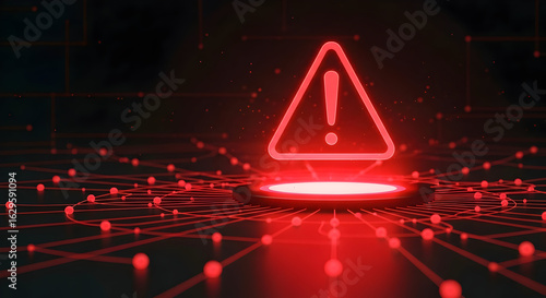 Red Alert Sign Glowing on Dark Network Connecting Dots Error Warning