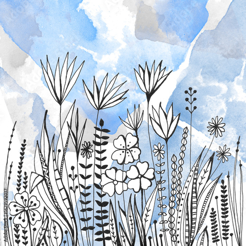 Beautiful hand drawn image with wildflowers and herbs on the background of bl...