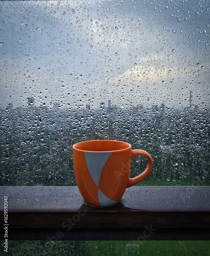 Orange coffee mug on window sill with raindrops on glass and rainy cityscape view, cozy relaxing monsoon morning, warm drink indoors, atmospheric rainy day concept.