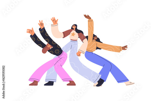 Happy dancing female friends. Young girls group celebrating with arms up, fes...