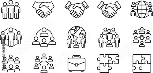 Vector art of business and teamwork icons featuring people, handshakes, global network, briefcase, and puzzle pieces transparent background