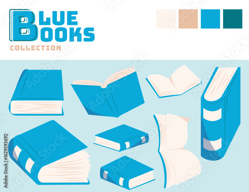 Flat vector collection of blue books in various open and closed positions. Perfect for school, library, education, or publishing-related designs.