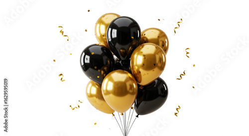 Black and gold balloons with curly gold ribbons, festive party decoration for celebrations and events