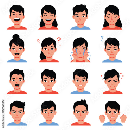 Collection of sixteen cartoon illustrations depicting various emotional expressions on human faces.