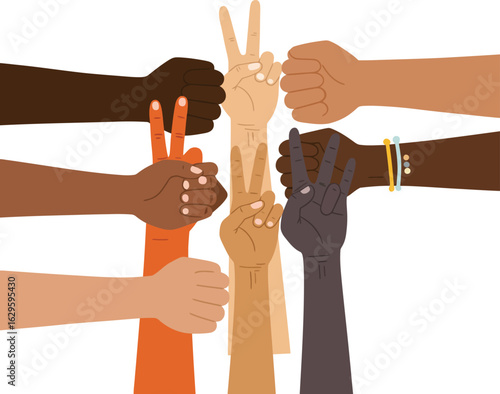 Diverse hands raised in unity, some making peace signs, others clenched fists.