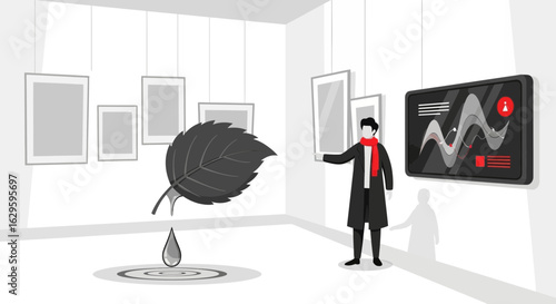 Art gallery exhibition featuring a leaf, water droplet, abstract art, and an observer