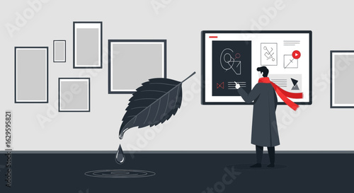The artist contemplates a dripping leaf as a reflection of digital creations in a gallery setting