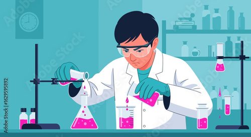 Illustration of a scientist conducting research in a laboratory environment with chemical