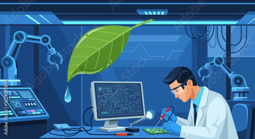 Innovative biotechnology research in a high tech laboratory environment with robotic arms