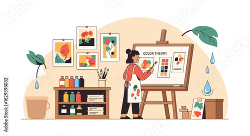 Illustration of a female artist working in her art studio, painting color theory