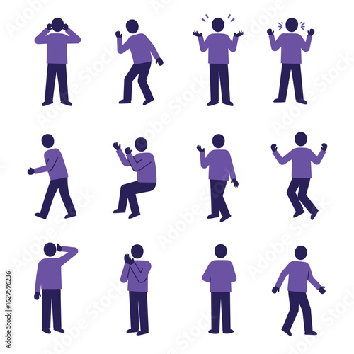 Purple Flat Icon Set: Diverse Male Poses and Emotions