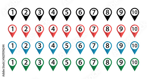 Colorful Location pin icons with number, Location pin icons with number, Map Marker Graphics