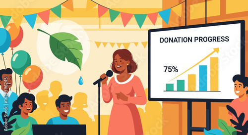 Fundraising Event Illustration with Donation Progress and Environmental Focus is Expressive