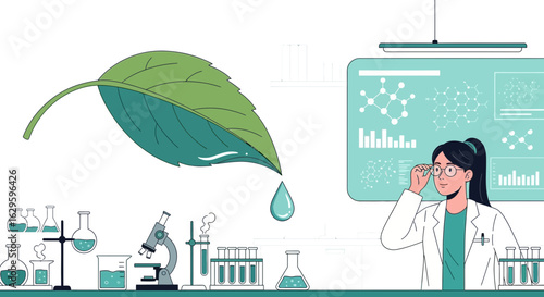 Botanical research concept with scientist and laboratory equipment illustration
