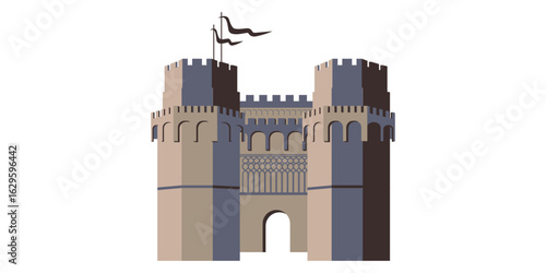 Vector illustration of the Gothic city gate between the Serranos Towers in Valencia, Spain. 14th-century medieval architecture with arched entrance and crenellated towers