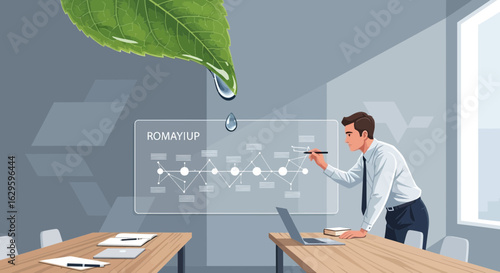 Sustainable business growth strategy presented by a man pointing to a graph with leaf