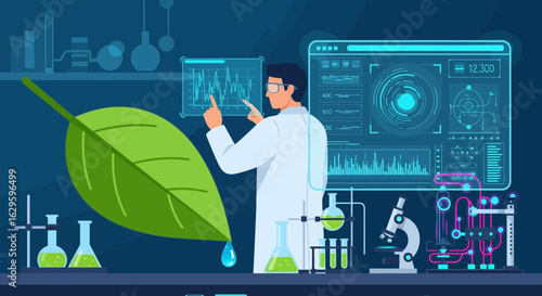 Scientist analyzing plant genetics and data for agricultural biotechnology advancements
