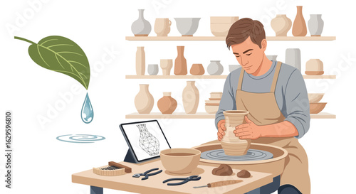 Craftsman skillfully shapes clay on a pottery wheel in a bright studio workshop