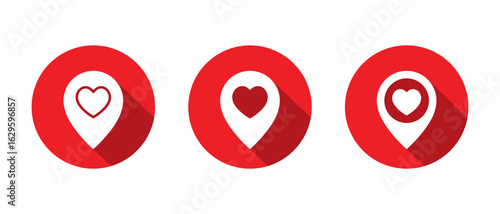 Love marker icon set with long shadow. Location pin with heart symbol. Favorite or romantic place concept
