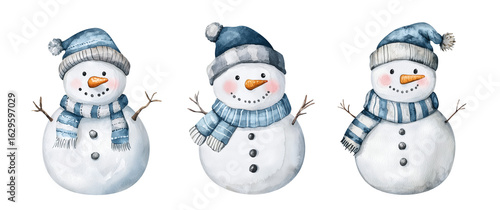 Happy Christmas snowman in blue scarf and hat. Cute watercolor illustration set of winter character with smile. Isolated clipart with clear even edge on transparent background