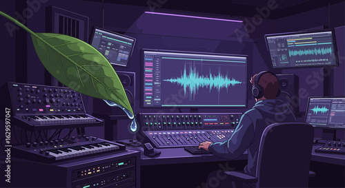 Illustration of a music producer in a studio with a floating leaf and water drop over equipment