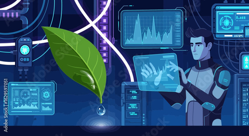 Futuristic technological illustration of a scientist researching plant science data