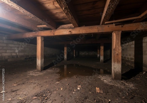 Damp, dark basement with wooden support beams.