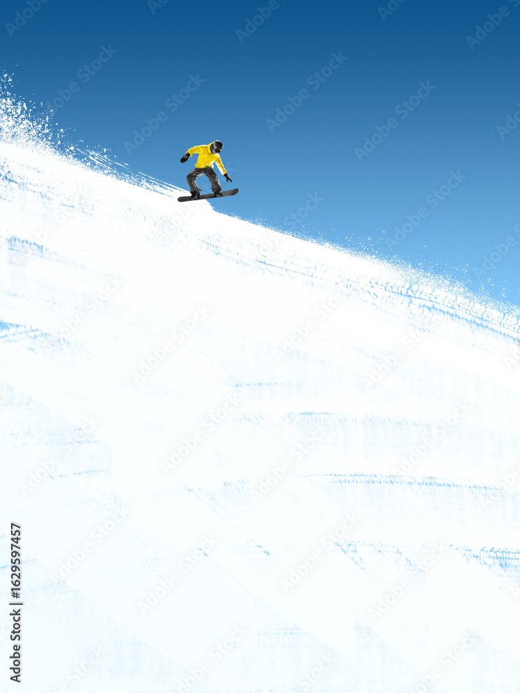 © Lustre Art Group - Collage template of snowboarder in yellow jacket jumping off bright snowy slope under blue sky. Concept of freestyle energy, dynamic winter sport action, and gravity-defying snowboard performance. © Lustre Art Group - Collage template of snowboarder in yellow jacket jumping off bright snowy slope under blue sky. Concept of freestyle energy, dynamic winter sport action, and gravity-defying snowboard performance.