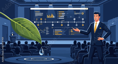 Corporate sustainability presentation with plant growth and financial data displayed prominently