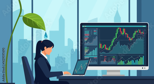 Conceptual illustration depicting growth in business, investments, and finance using stock market
