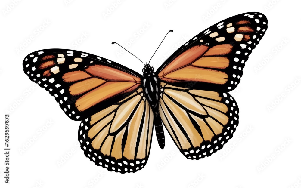 Obraz premium Monarch butterfly with spread wings orange black and white on white background insect animal