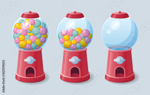 Set of gumball candy machine with colored candies balls.	