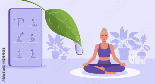 Digital wellness concept with yoga app, natural elements and mindfulness practice