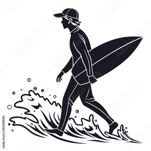 Silhouette of a surfer in a wetsuit carrying a surfboard walking through waves