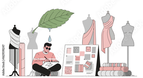Fashion designer creating eco-friendly clothing inspired by nature designs illustration