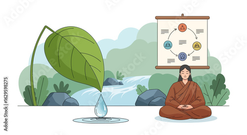 Meditating woman in nature with water droplet and cyclical process diagram illustration