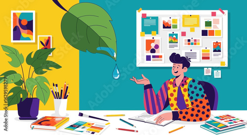 Creative designer working at their desk surrounded by colorful design elements