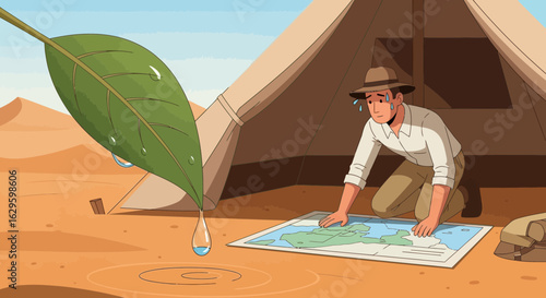 Cartoon of a thirsty explorer with a map in desert watching a leaf with water