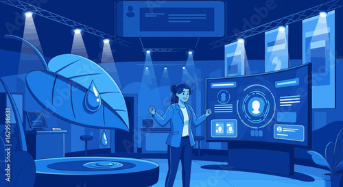 Woman presenting environmentally friendly technology at a tech conference or expo
