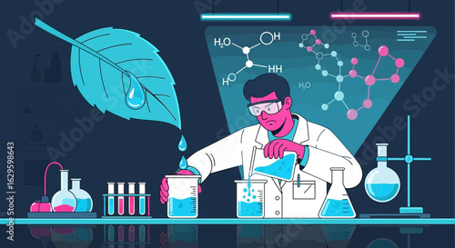 Illustration of a scientist conducting research on plant-based compounds in a laboratory environment