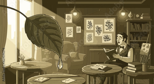 Artistic Illustration of a Man Reading in a Study with Nature and Calligraphy