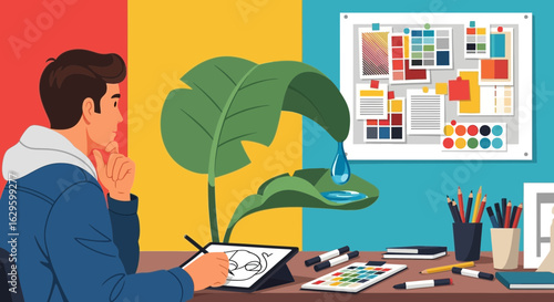 Illustrative graphic designer at work creating a nature-inspired design concept