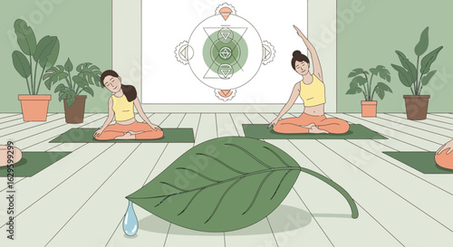 Illustration of a yoga session with leaf waterdrop and seven chakras in background