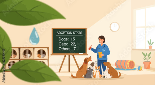 Adorable pets adoption statistic report from a veterinarian clinic for animal welfare campaign and