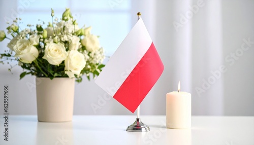 A small Polish flag on a white table with a bouquet of white flowers and a lit memorial candle.