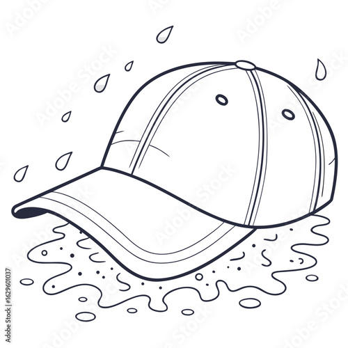 Stylized black and white illustration of a baseball cap with raindrops and puddles