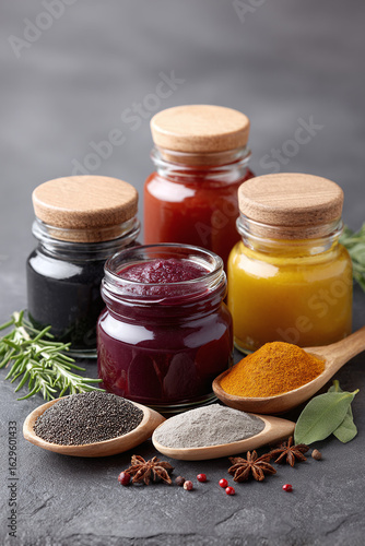 Colorful Natural Food Ingredients in Jars